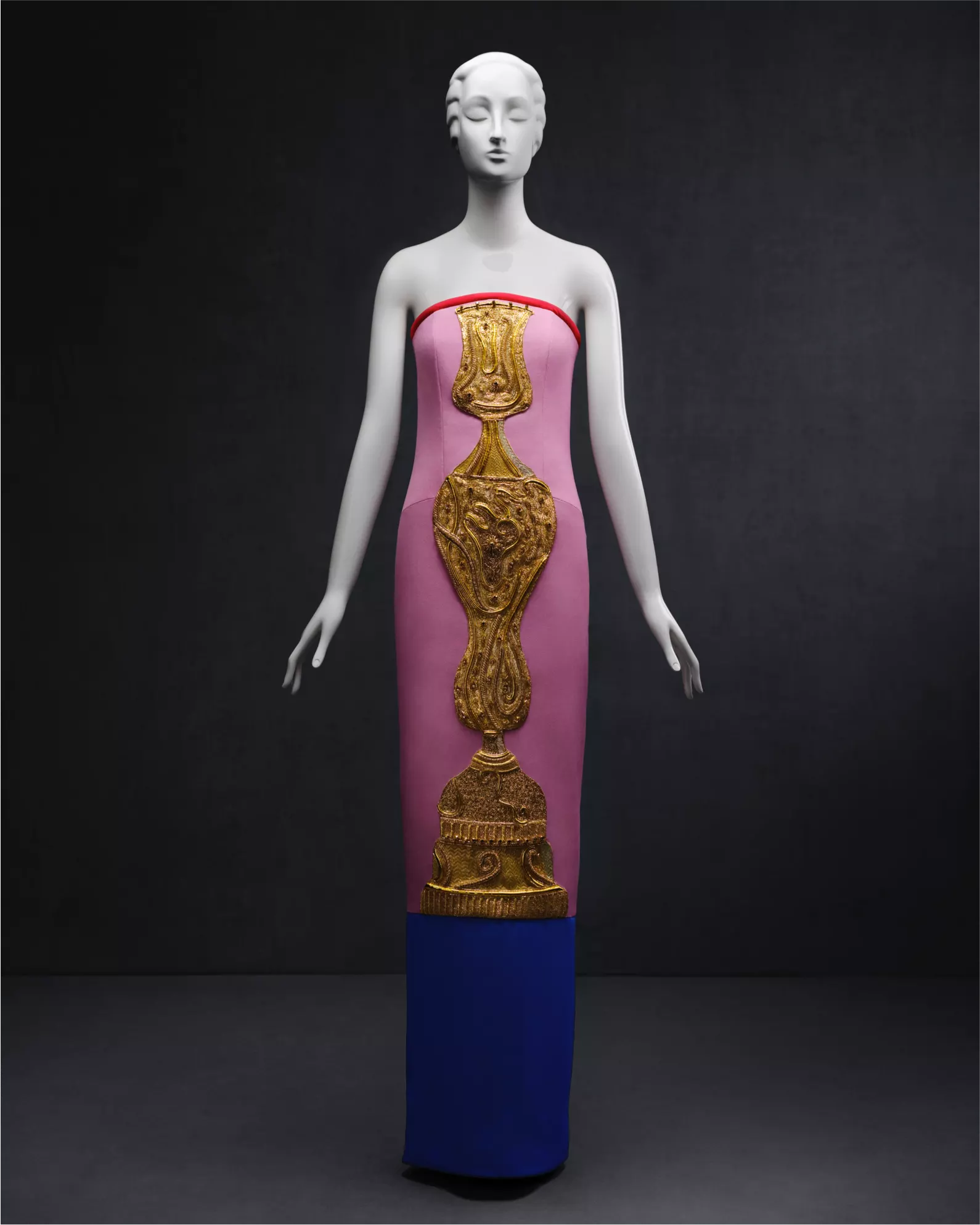 mannequin in a pink and blue dress by karl lagerfeld