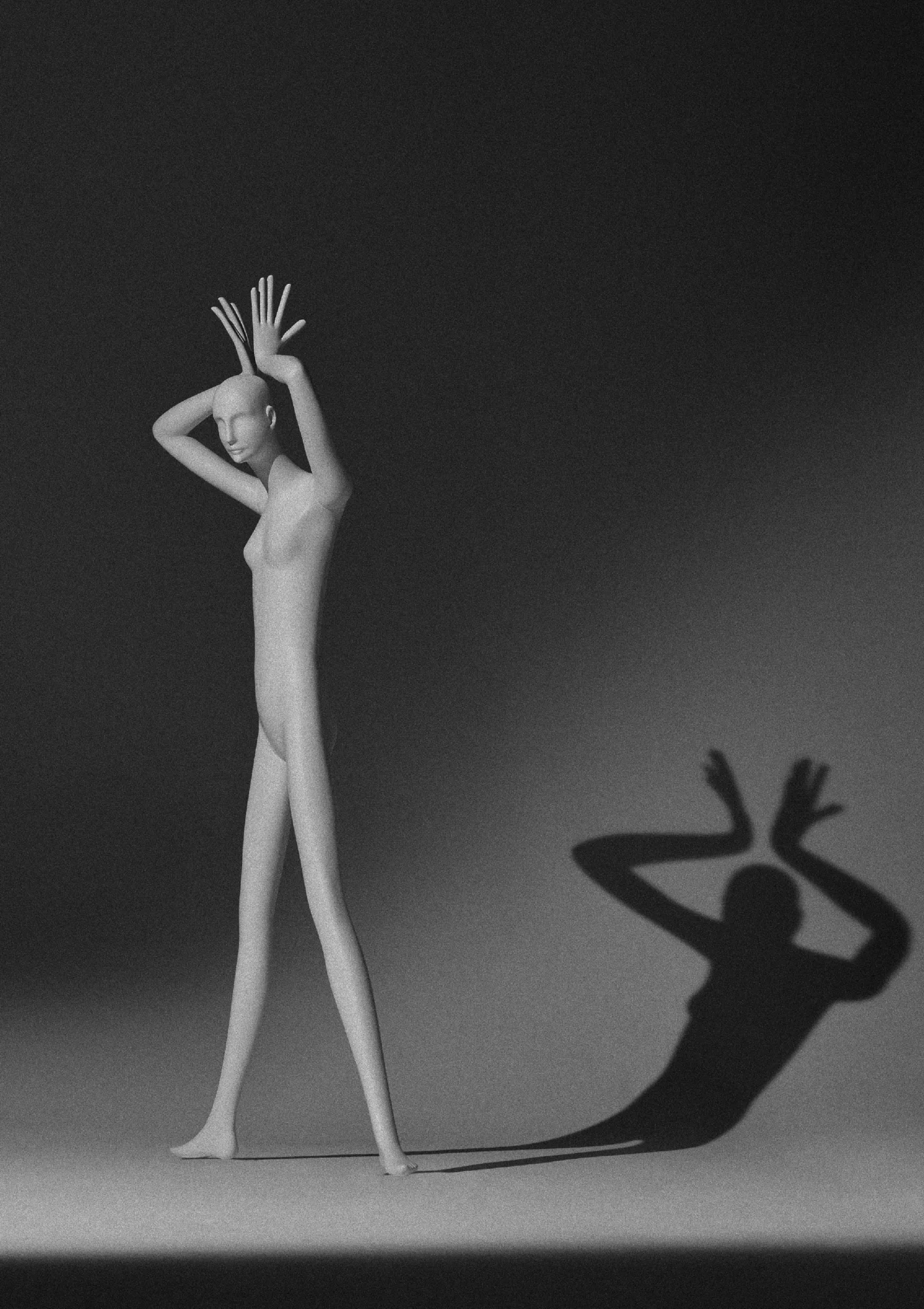 Schläppi Loisir mannequin from 1967 with arms raised, casting a long shadow