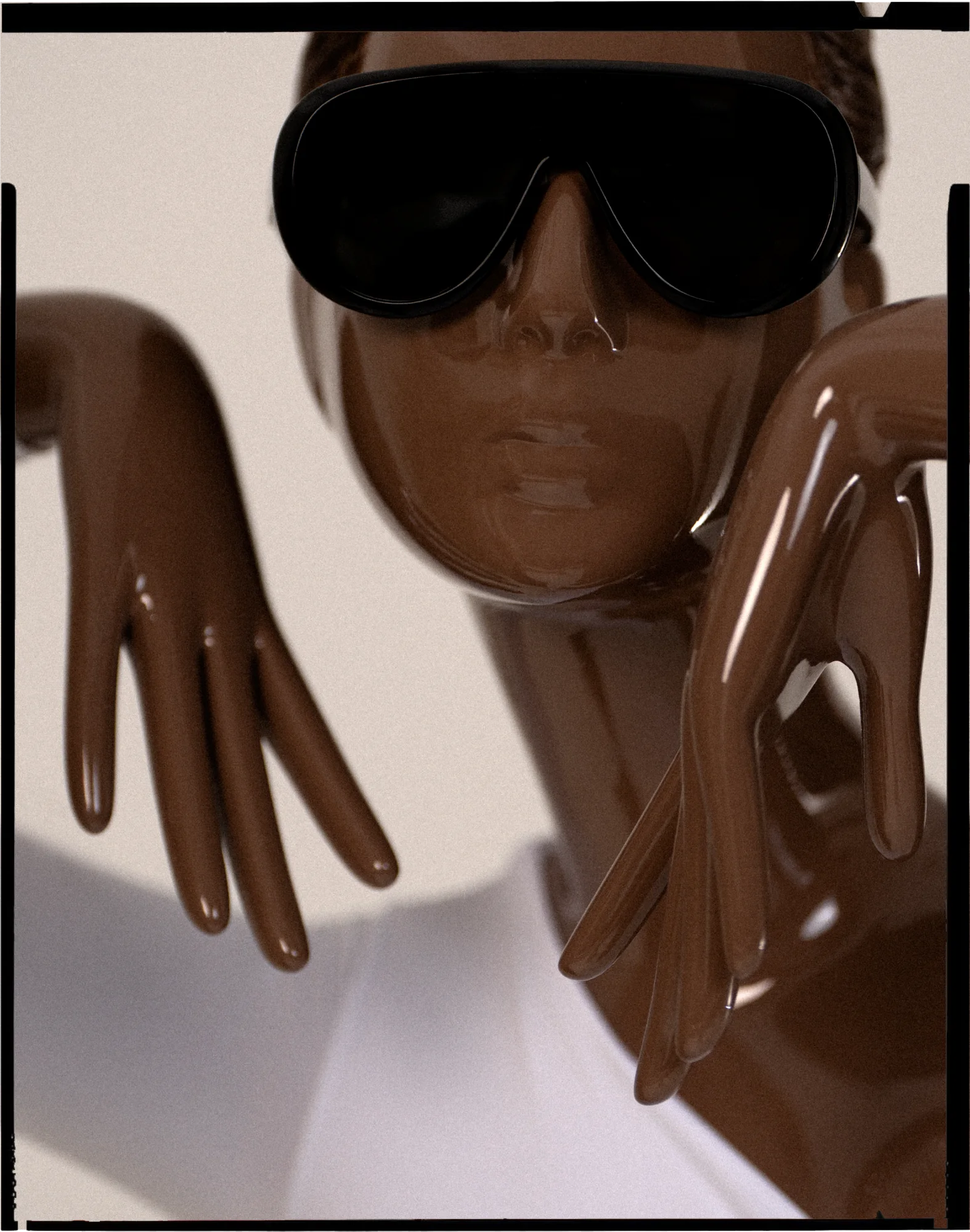 Gloss brown Obsession mannequin with sunglasses, framed like a film negative