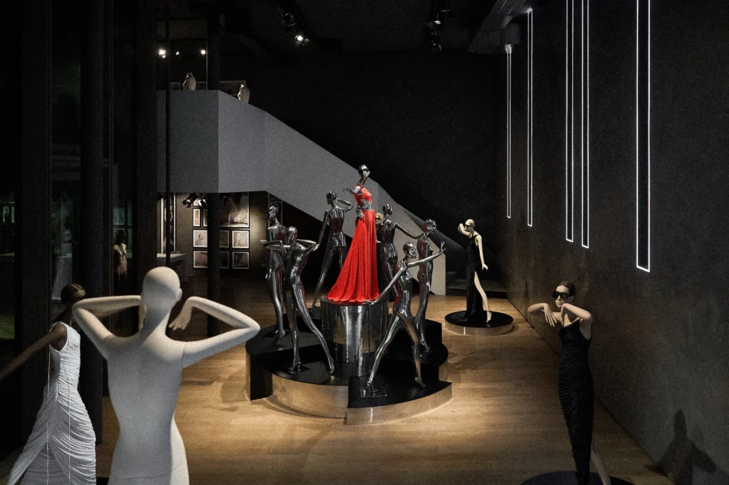 The Bonaveri Milano showroom: chrome mannequins on a round plinth around a red gown, a white mannequin in front