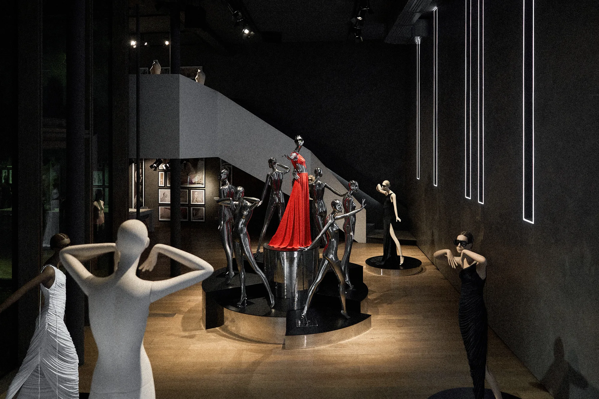 The Bonaveri Milano showroom: chrome mannequins on a round plinth around a red gown, a white mannequin in front