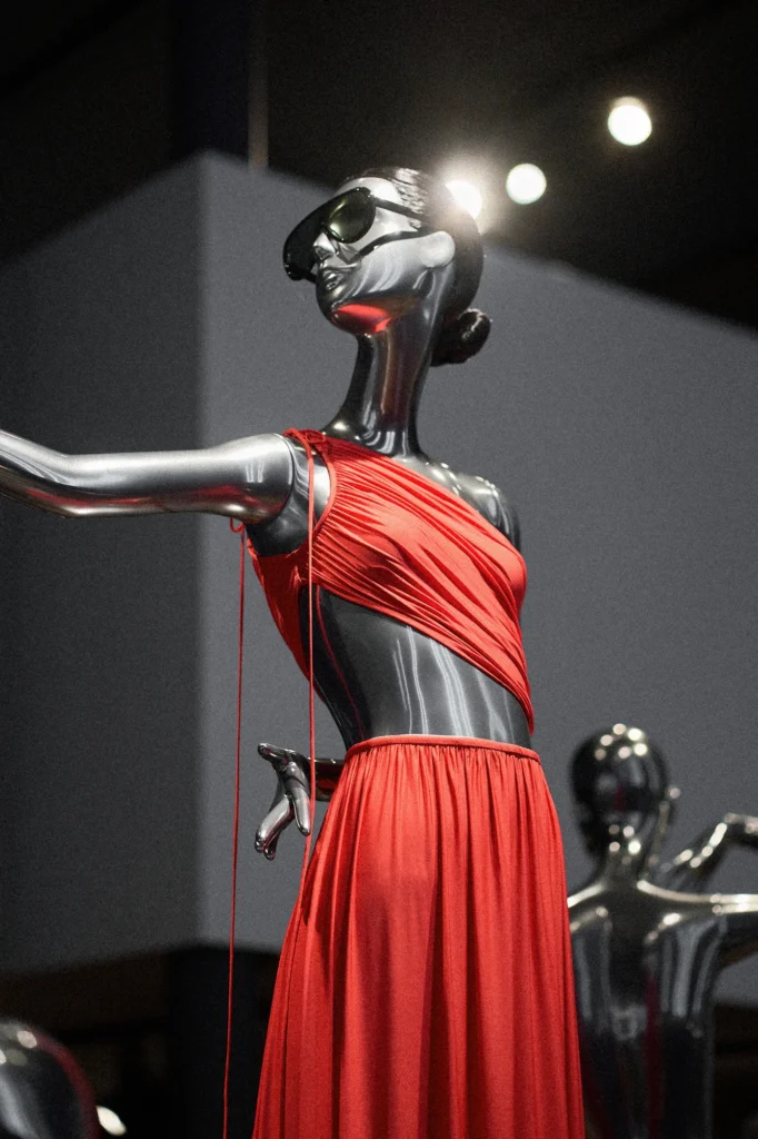 Chrome mannequin with sunglasses in a red draped one-shoulder dress